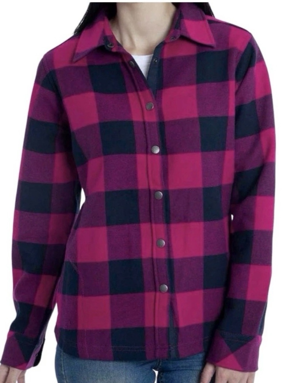 Orvis Fleece Lined Buffalo Plaid Shacket Pink & Black Snap Front Jacket Sz Small